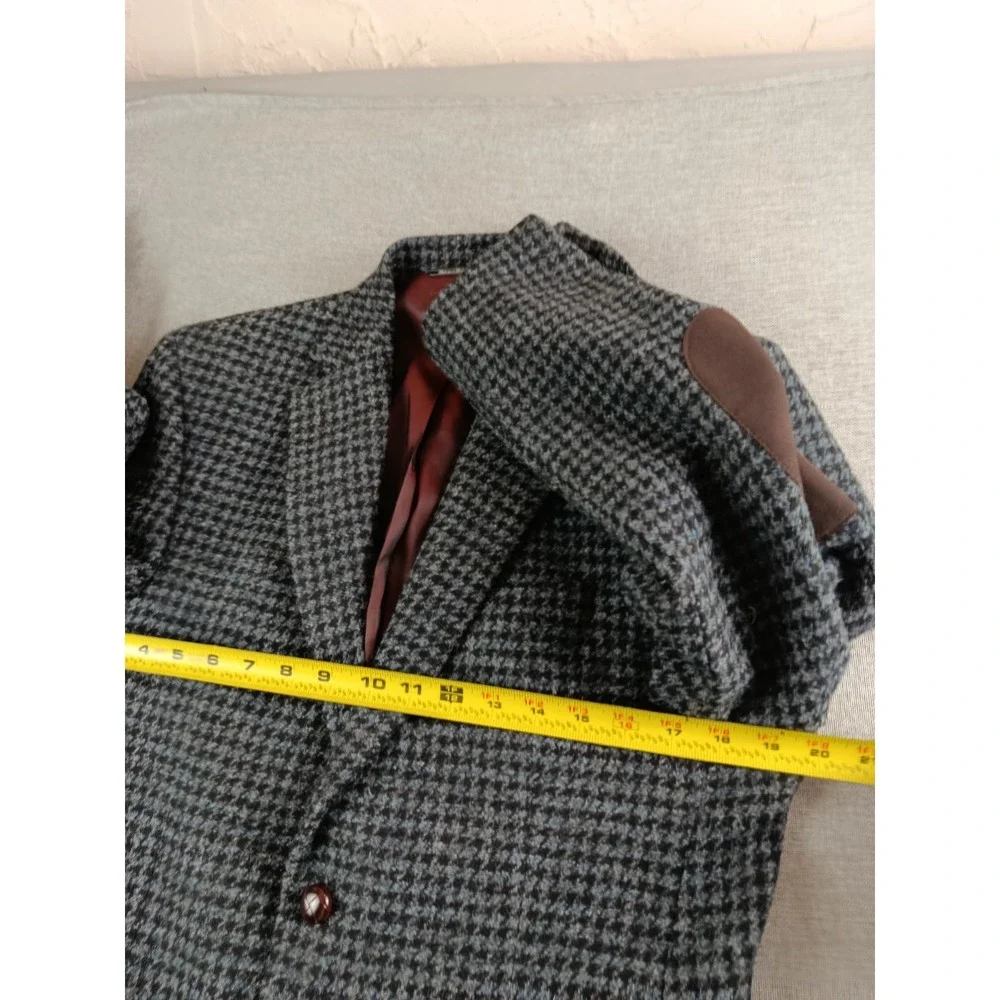 Harris Tweed Blazer Mens 38 S Charcoal Houndstouth Wool Elbow Patches Jacket